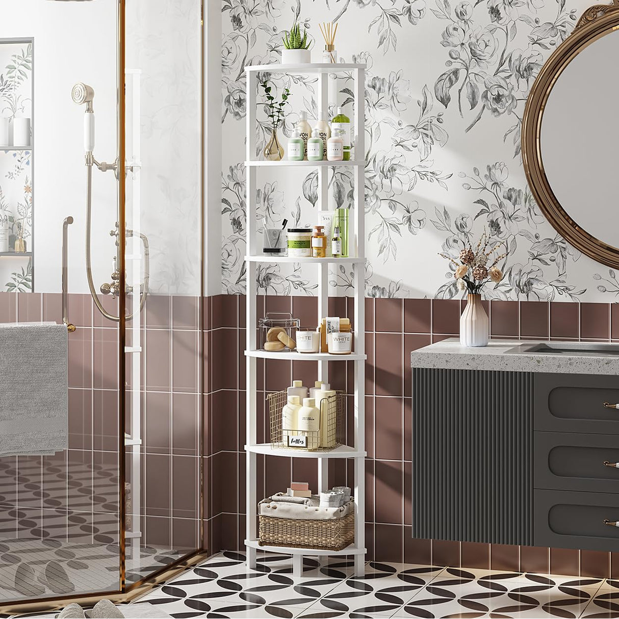 VIMBER Corner Shelf, 6-Tier Corner Bookshelf, Industrial Corner Ladder Shelf, DIY Storage Shelves, Modern Display Shelf for Living Room, Bedroom, Kitchen, Home Office, White UJSJ004W VIMBER