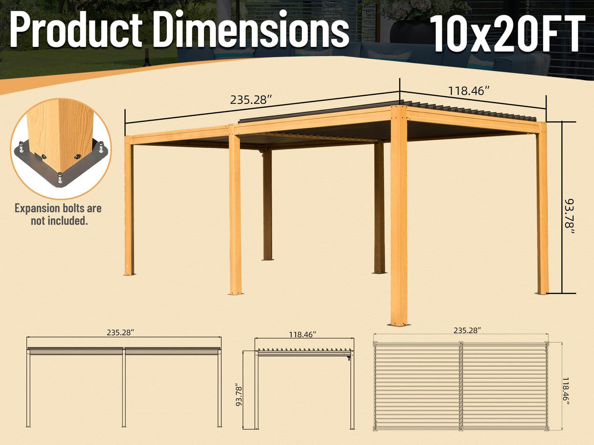 Domi Louvered Pergola 10X20FT, Wood Grain Aluminum Pergola with Adjustable Roof, Wood Looking Aluminum Frame, Efficient Drainage System, Outdoor Pergola for Patio, Deck, Garden domi outdoor living