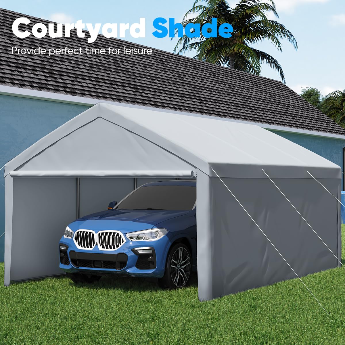 Quictent 13’x20’ Heavy Duty Carport Car Canopy Galvanized Car Boat Shelter with Removable Sidewalls, Reinforced Top Poles and Ground Bar-Grey - WoodArtSupply