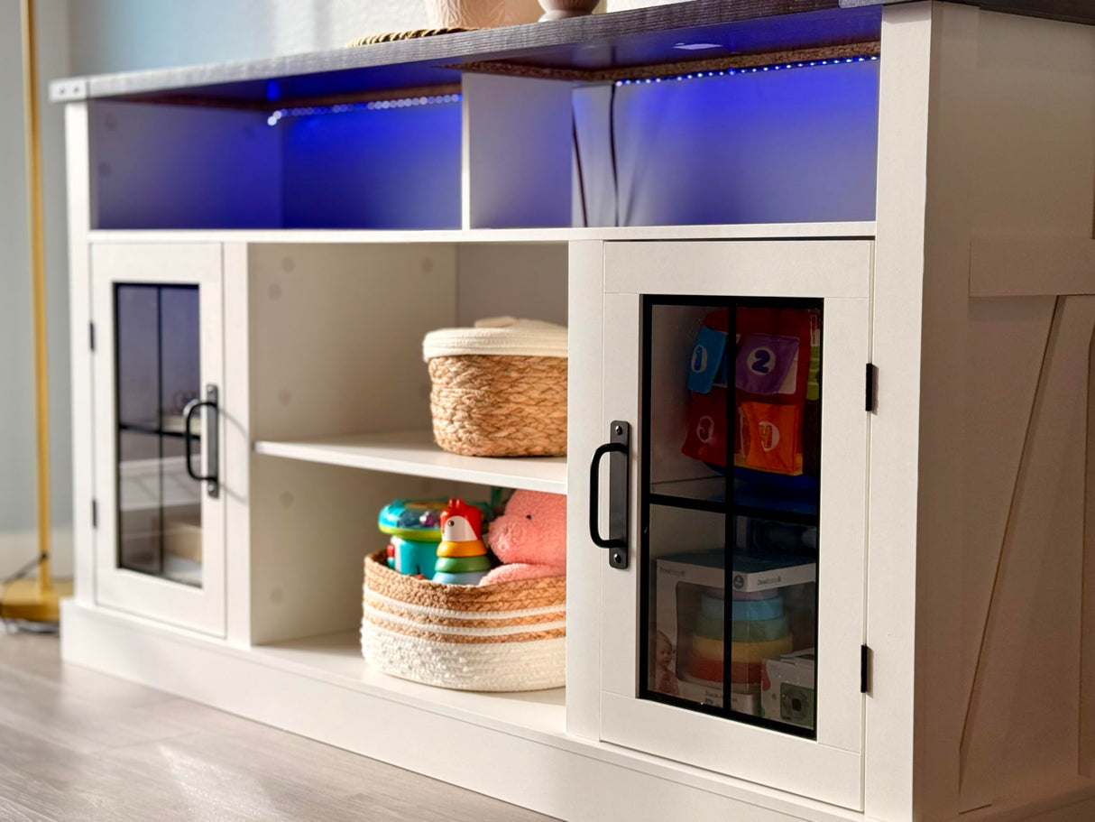 WLIVE Farmhouse TV Stand for 65 Inch TV, Tall Entertainment Center with LED Lights, Mid Century Modern TV Console wirh Open Shelves and Glass Cabinet Doors for Living Room and Bedroom, White WLIVE