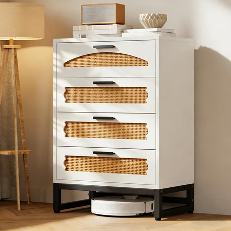 Mericonia 4 Drawer Rattan Dresser for Bedroom, Wood Tall Dresser for Closet with Metal Handles, Boho Nightstand Sets, Dressers & Chests of Drawers for Bedroom, Hallway and Entryway, White Mericonia