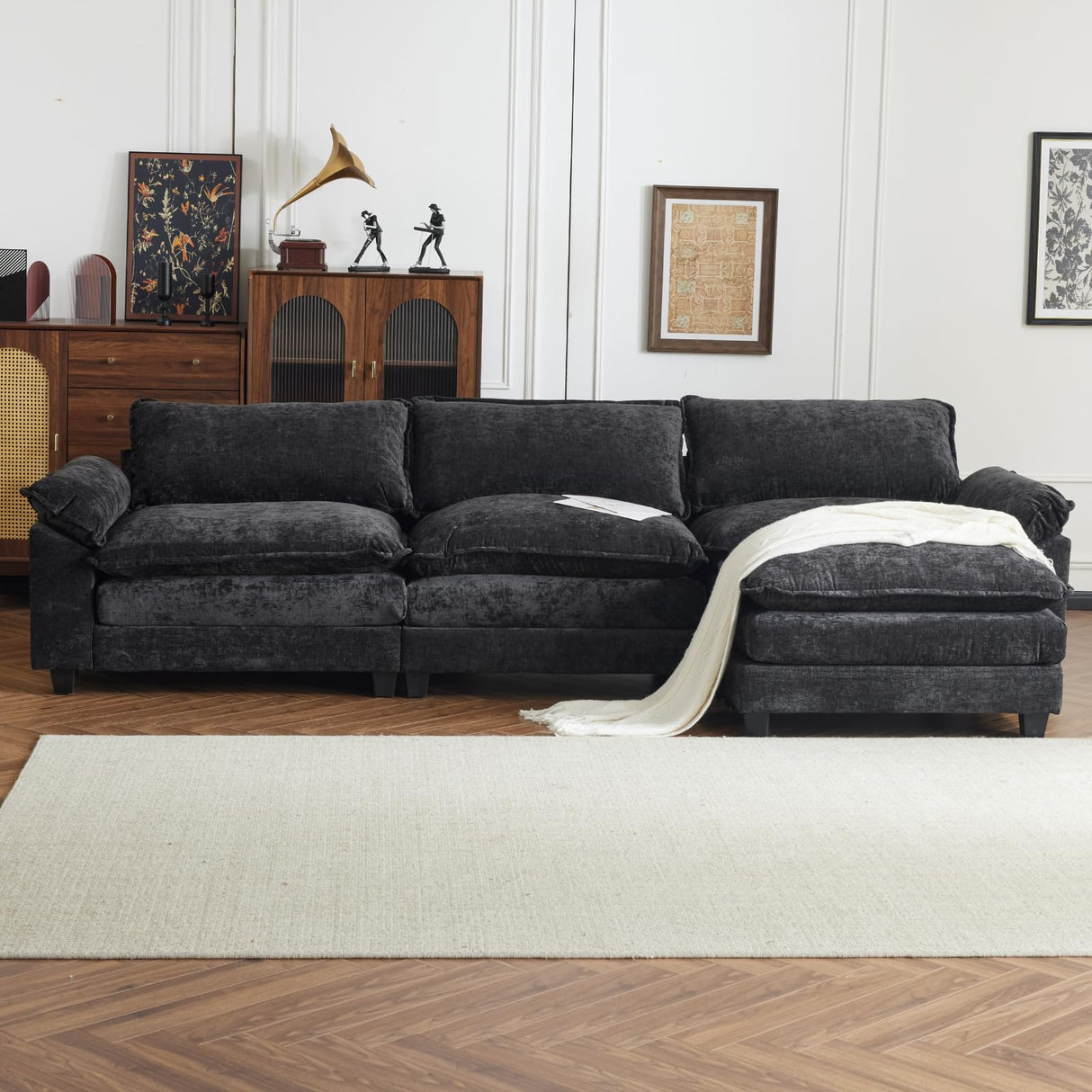 Karl home 122" Sectional Couch 3-Seat Deep Sofa Couch with Ottoman Modern L Shape Sectional Sofa Chenille Upholstered for Living Room, Apartment, Studio, Office, Black Karl home