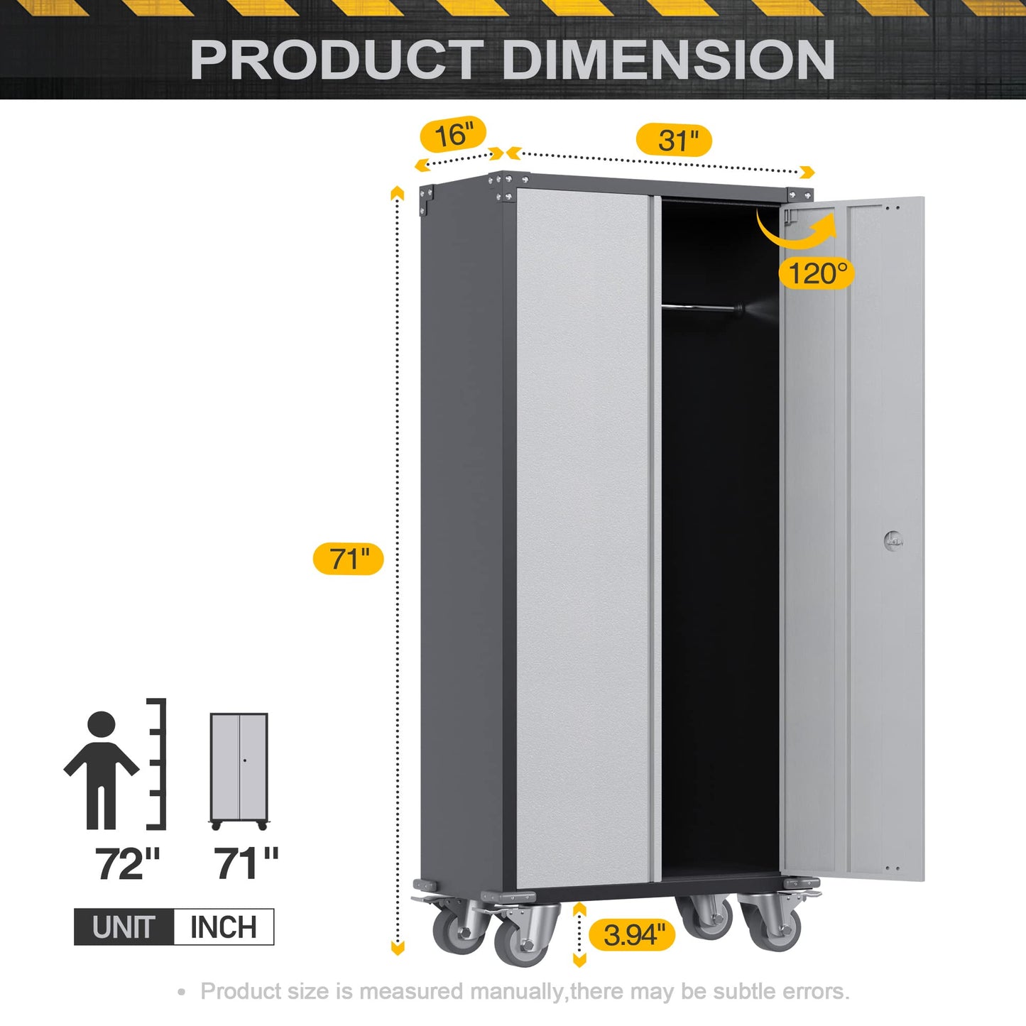 Reemoon Metal Garage Storage Cabinet with Wheels, Broom Closet Storage Cabinet with Hanging Rod, 71" Tall Rolling Tool Storage Cabinet with Locking Doors and Shelves-Required Assembly - WoodArtSupply