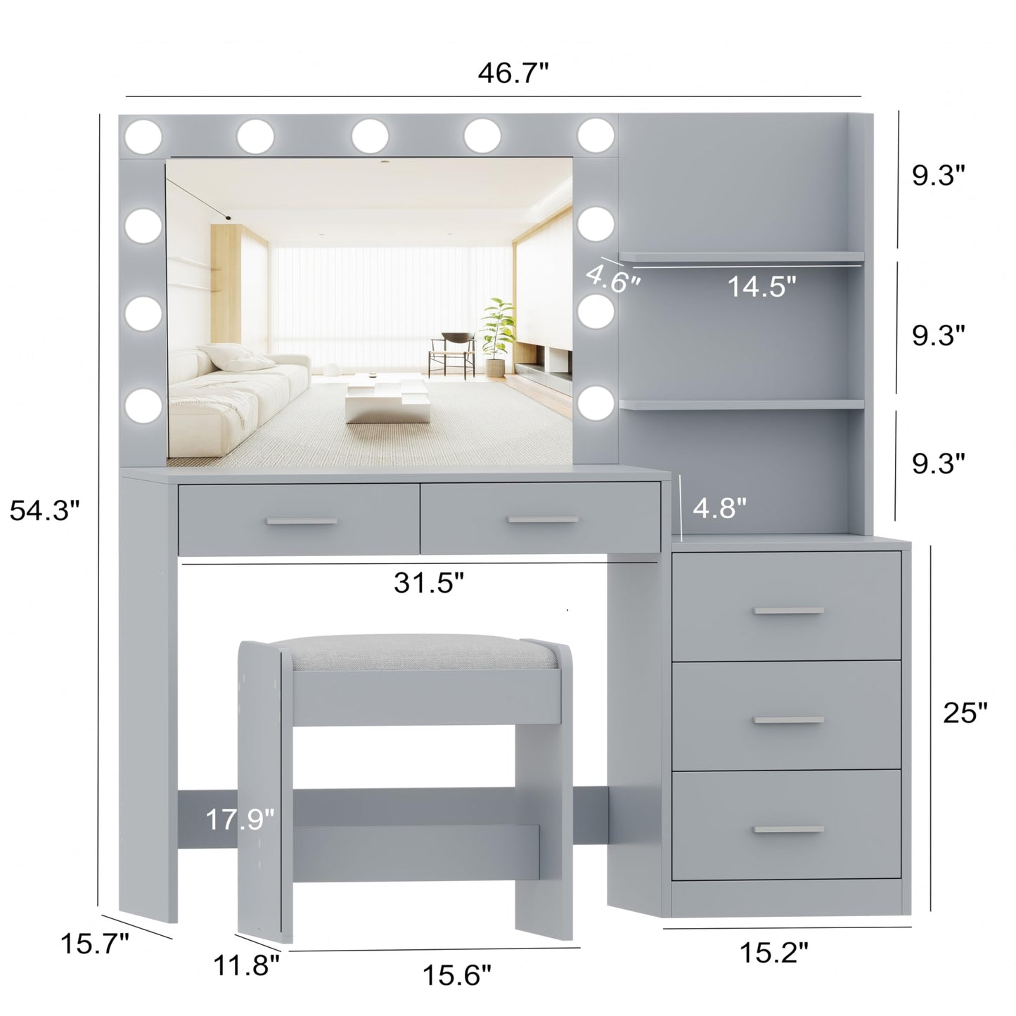 Rovaurx 46.7" W Makeup Vanity Set with Lights and Mirror, Vanity Desk with 5 Drawers, 3 Lighting Colors, Dressing Table for Bedroom, Studio, Grey