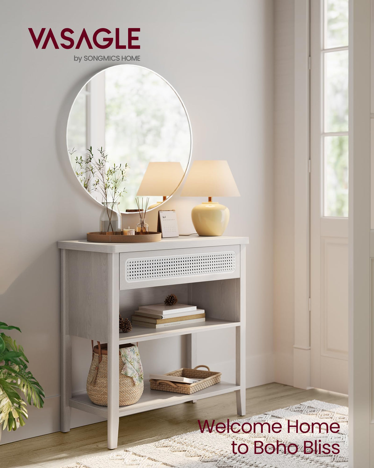 VASAGLE Console Table with Power Outlets, Entryway Table with Storage Shelf, Sofa Table with Drawer, Open Compartment, Rounded Corners, for Living Room, Boho Style, Oatmeal Beige ULNT140K66 VASAGLE