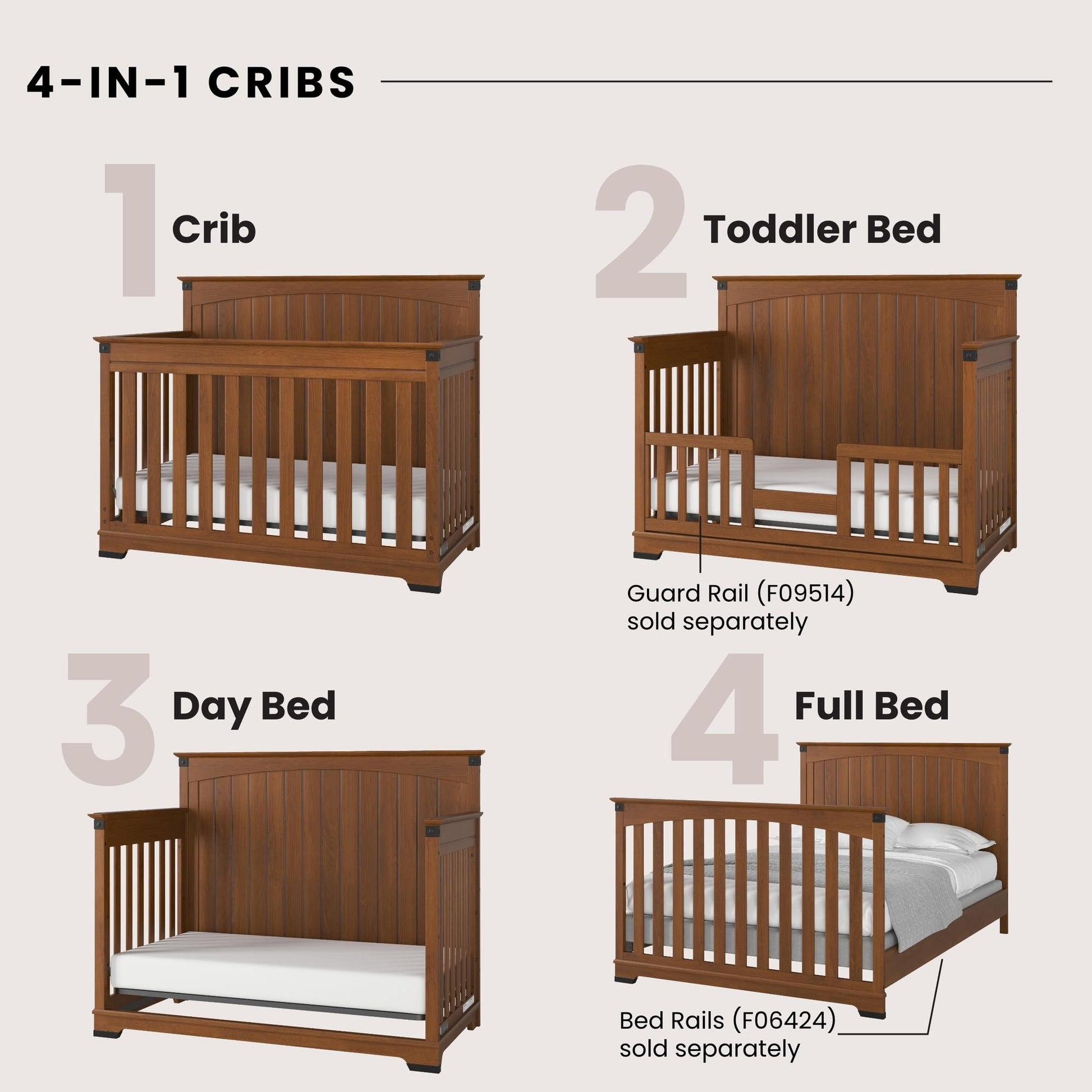 Child Craft Redmond Full Panel 4-in-1 Convertible Crib, Baby Crib Converts to Day Bed, Toddler Bed and Full Size Bed, 3 Adjustable Mattress Positions, Non-Toxic, Baby Safe Finish (Coach Cherr - WoodArtSupply