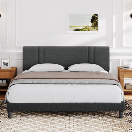 Novilla Adjustable Queen Bed Frame with Upholstered Headboard and Wood Slat Support - Dark Grey Novilla