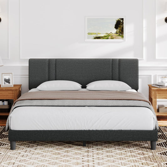 Novilla Adjustable Queen Bed Frame with Upholstered Headboard and Wood Slat Support - Dark Grey - WoodArtSupply