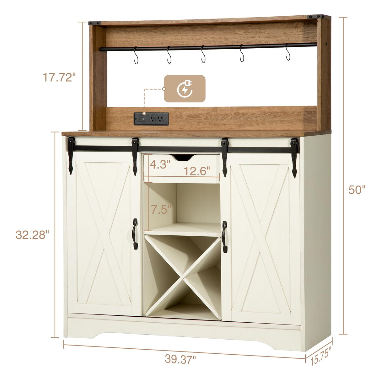 Wnutrees Farmhouse Coffee Bar Cabinet with Charging Station and USB Ports,Sliding Barn Door,39" Kitchen Hutch Sideboard Buffet Storage Cabinet,Fits Kitchen Dining Living Room, Antique White Wnutrees