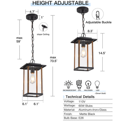 Smeike Large Outdoor Pendant Light, 14.6”H Black Exterior Hanging Lantern Wood Finish, Height Adjustable Outside Chandelier with Clear Glass for Porch, Farmhouse, House - WoodArtSupply