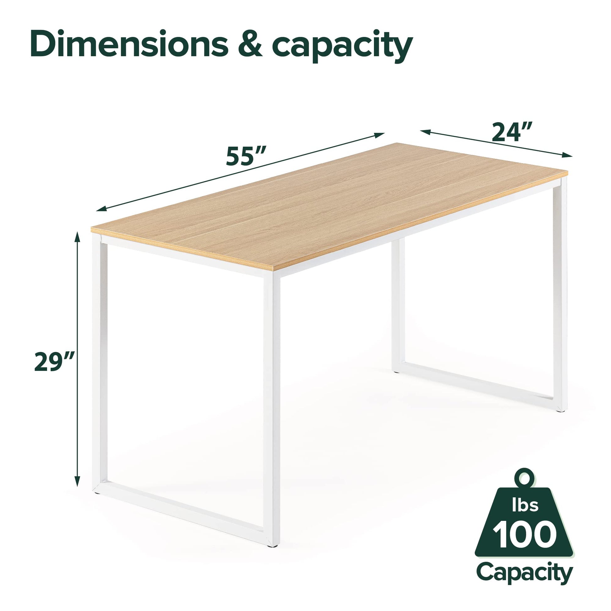 ZINUS Jennifer 55 Inch White Frame Desk, Computer Workstation, Office Desk, Dining Table, Easy Assembly, Natural - WoodArtSupply