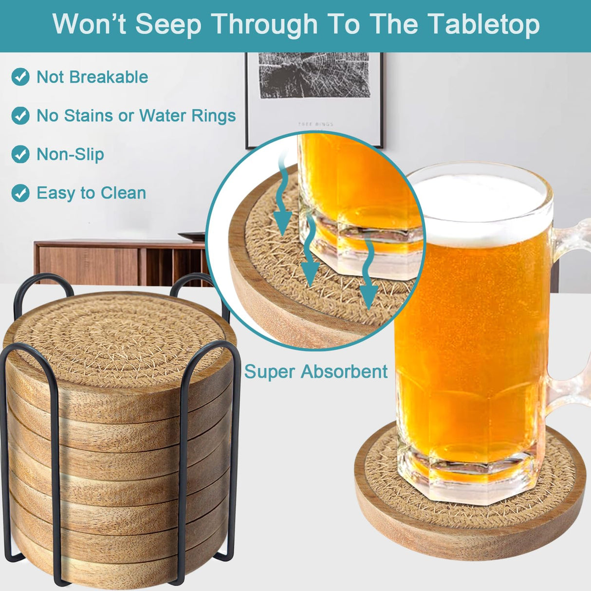 Eykao Wood Coasters for Drinks, Absorbent Coaster Sets of 8, Woven Drink Coasters for Coffee Table, Housewarming Gift for Farmhouse Home Decor,4.3 inches Brown Eykao