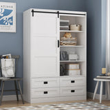GOSROMS Armoire Wardrobe Closet with Sliding barn Door，Wardrobe Cabinet with 4 Storage Drawers and Hanging Rail,Freestanding Wooden Closet for Bedroom (White) GOSROMS