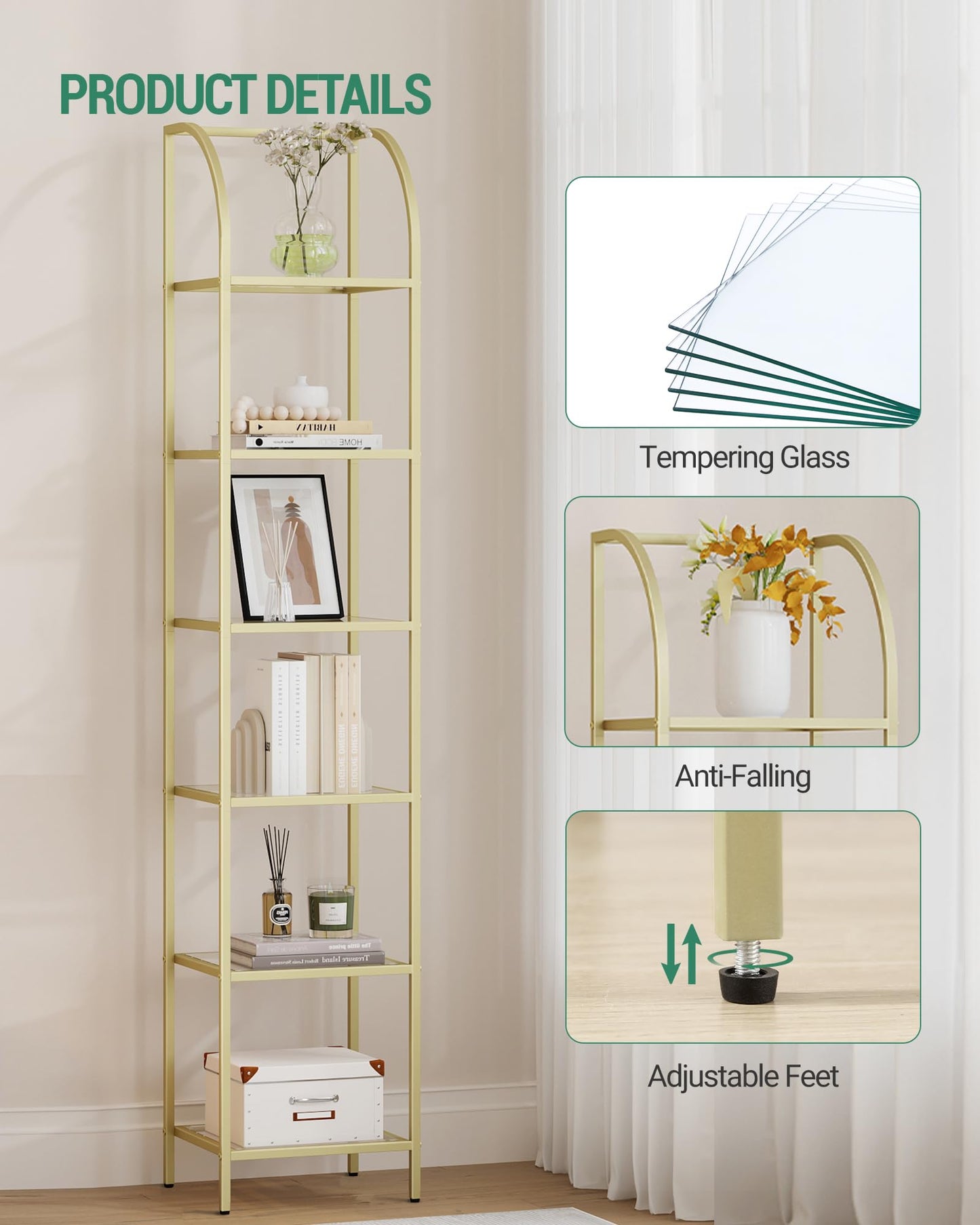 Hzuaneri Gold Arched 6-Tier Tempered Glass Bookshelf for Elegant Storage - WoodArtSupply