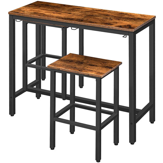 HOOBRO Rustic Brown Bar Table Set with Stools - Space-Saving Pub Dining Solution