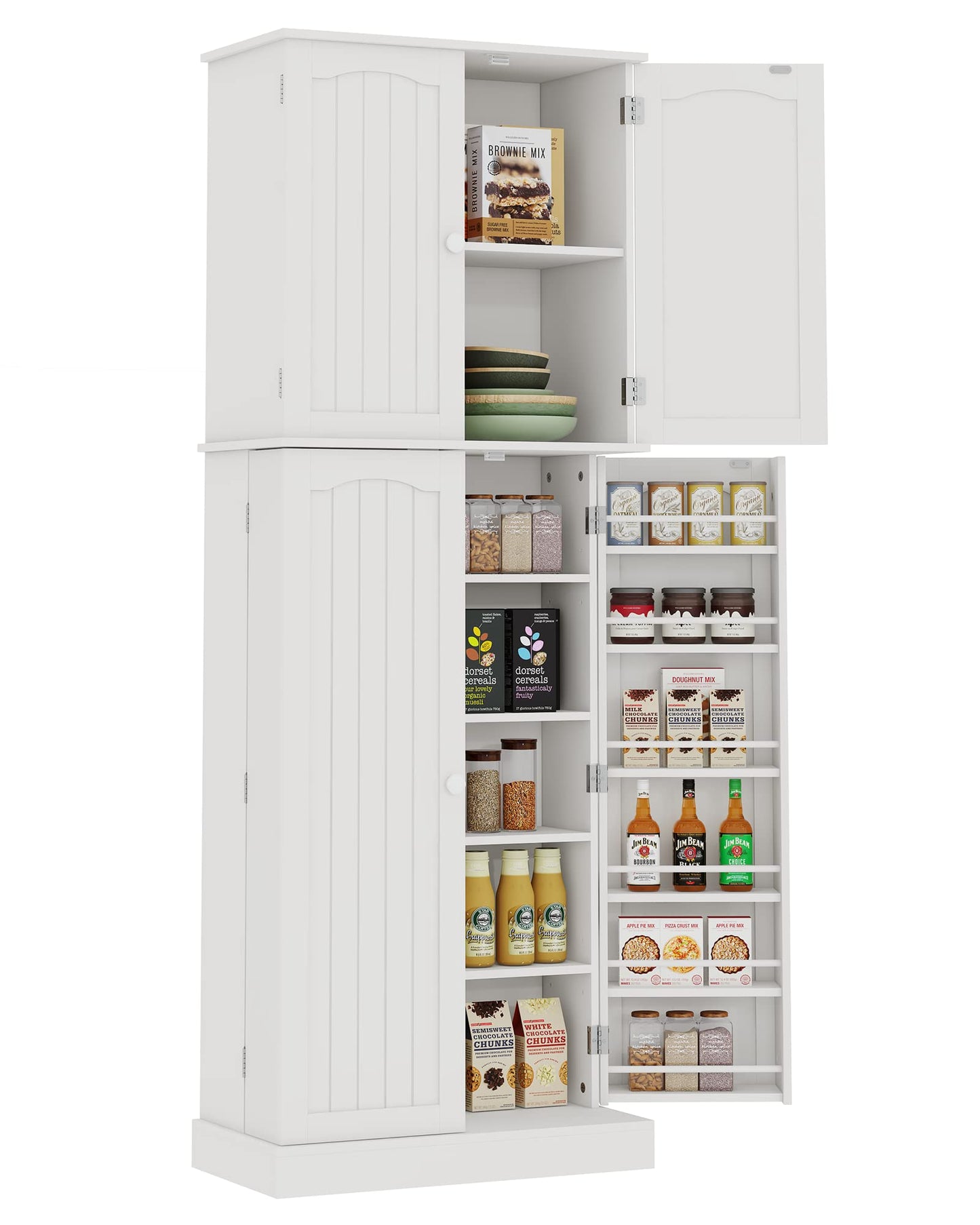 Yusong Tall Kitchen Pantry Storage Cabinet with Doors and Shelves, Wooden Food Pantry Farmhouse Cupboard Freestanding Buffet Kitchen Dining Living Room White