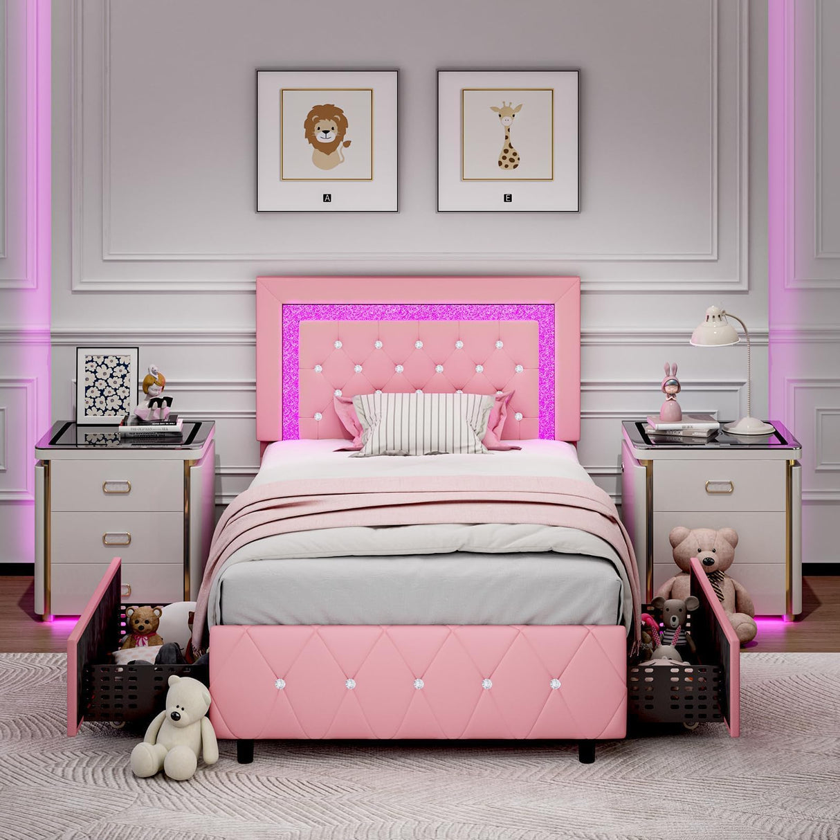 Twin Bed Frames with LED Lights and Storage Drawers, Upholstered Platform Bed with Diamond Headboard, Faux Leather Princess Platform Bed, No Box Spring Needed, Easy Assembly, Pink BarnFurin