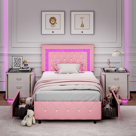 Twin Bed Frames with LED Lights and Storage Drawers, Upholstered Platform Bed with Diamond Headboard, Faux Leather Princess Platform Bed, No Box Spring Needed, Easy Assembly, Pink BarnFurin