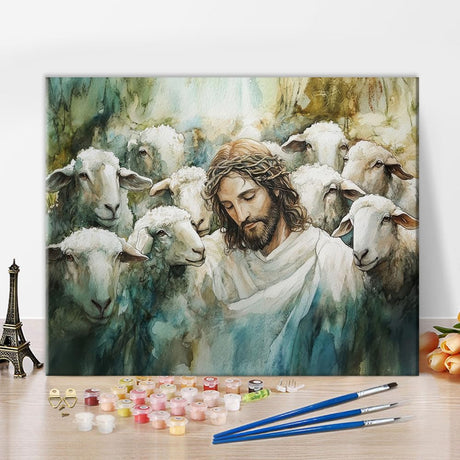 Jesus Paint by Numbers Kit for Adults Beginners, DIY Sheep Acrylic Paint by Numbers Kits on Canvas, Christian Oil Painting for Adults, Art Crafts for Home Wall Decor 16"x20"(Frameless) TUMOVO