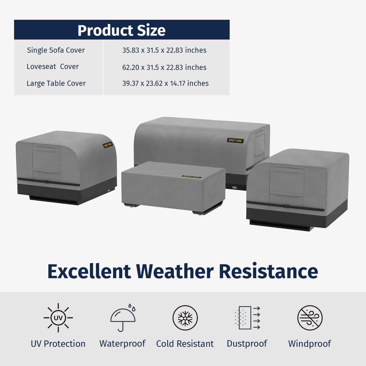 EAST OAK 4 Pieces Patio Furniture Set Cover, 600D Heavy-Duty Fabric, Waterproof, Dustproof and All-Weather Resistant, Outdoor Loveseat Cover, 2 Single Sofa Cover, Coffee Table Cover Included, Grey EAST OAK