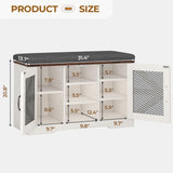 UPOSOJA Farmhouse Storage Bench with Cushion, Metal and Wood Shoe Rack Organizer, Adjustable Shelf, Shoe Cabinet with Half Hidden Storage Space, for Entryway, Bedroom, Living Room (Old White, 31.4in) UPOSOJA