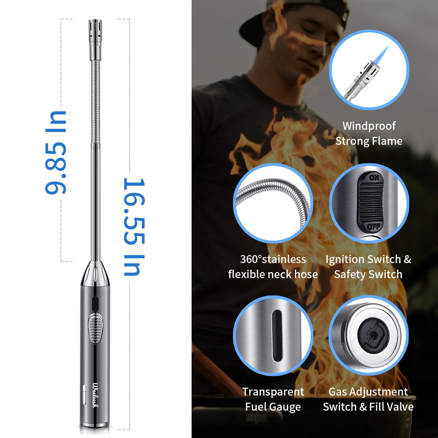 Butane Lighter Torch Long Lighter Adjustable Fire Jet Torch Windproof Refillable Flexible Long Lighter with Visual Fuel Window for Grill BBQS Camping Fireplace 16.55 Inc(Butane Gas Not Included)