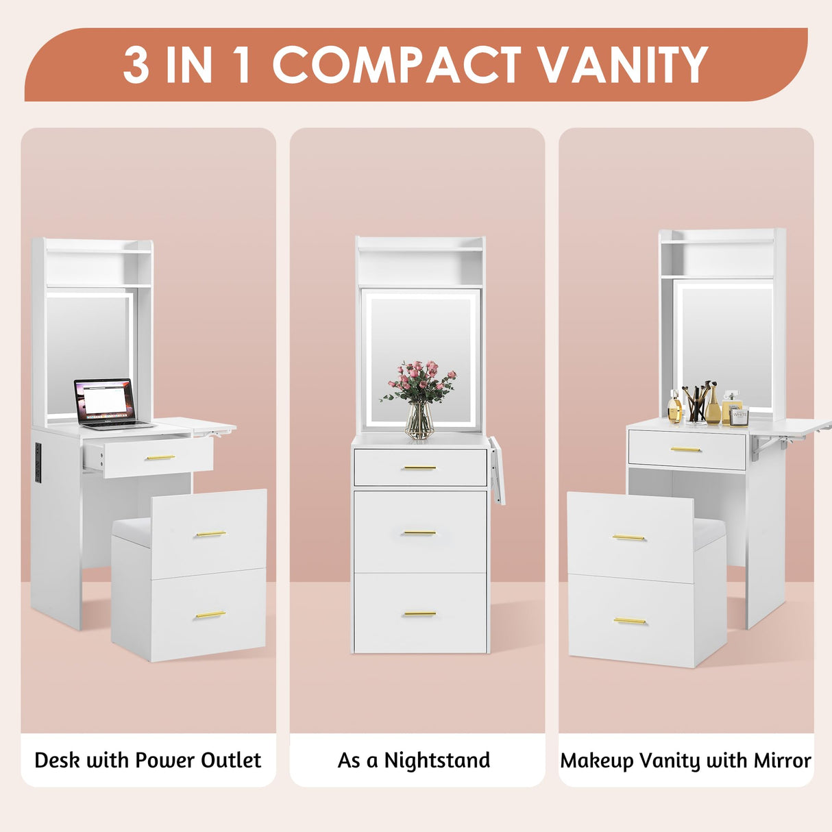 LUMISOL Small Makeup Vanity with Mirror and Light, Makeup Vanity Desk with Charging Station & Fold-up Shelf for Small Space, 3 in 1 Compact Makeup Vanity Set with Hidden Stool, Dressing Table, White LUMISOL