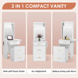 LUMISOL Small Makeup Vanity with Mirror and Light, Makeup Vanity Desk with Charging Station & Fold-up Shelf for Small Space, 3 in 1 Compact Makeup Vanity Set with Hidden Stool, Dressing Table, White LUMISOL