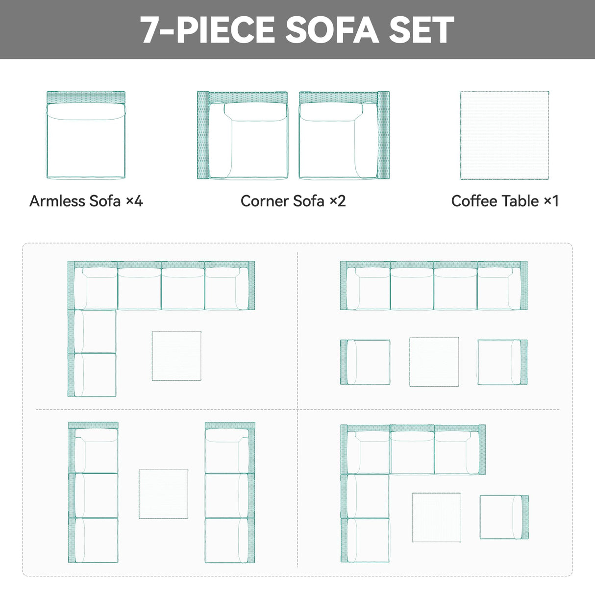 YITAHOME 7 Pieces Outdoor Patio Furniture Set, Sectional Sofa PE Rattan Wicker Conversation Set Outside Couch w/Table and Cushions for Porch Lawn Garden Backyard, Black YITAHOME