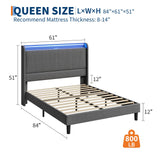 SLEKVERSA Queen Size Bed Frame with LED Lights and Charging Station, Fabric Upholstered Platform Queen Bed Frame with Headboard, No Box Spring Needed Bedframe, Noise Free, Easy Assembly, Gray SLEKVERSA