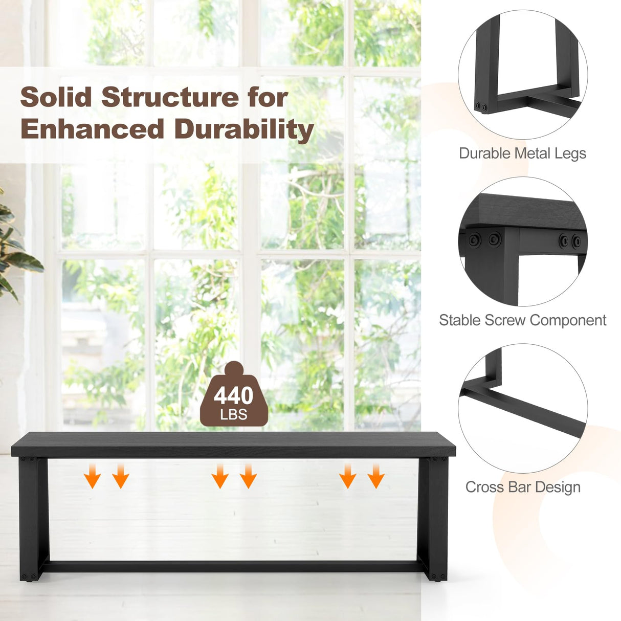 Giantex 56.5" L Wood Dining Bench, Industrial Table Bench w Metal Frame, Adjustable Footpads, 440LBS Load Capacity, Farmhouse Bench for Kitchen, Dining, Living Room, Entryway (Black, Rectangular) Giantex