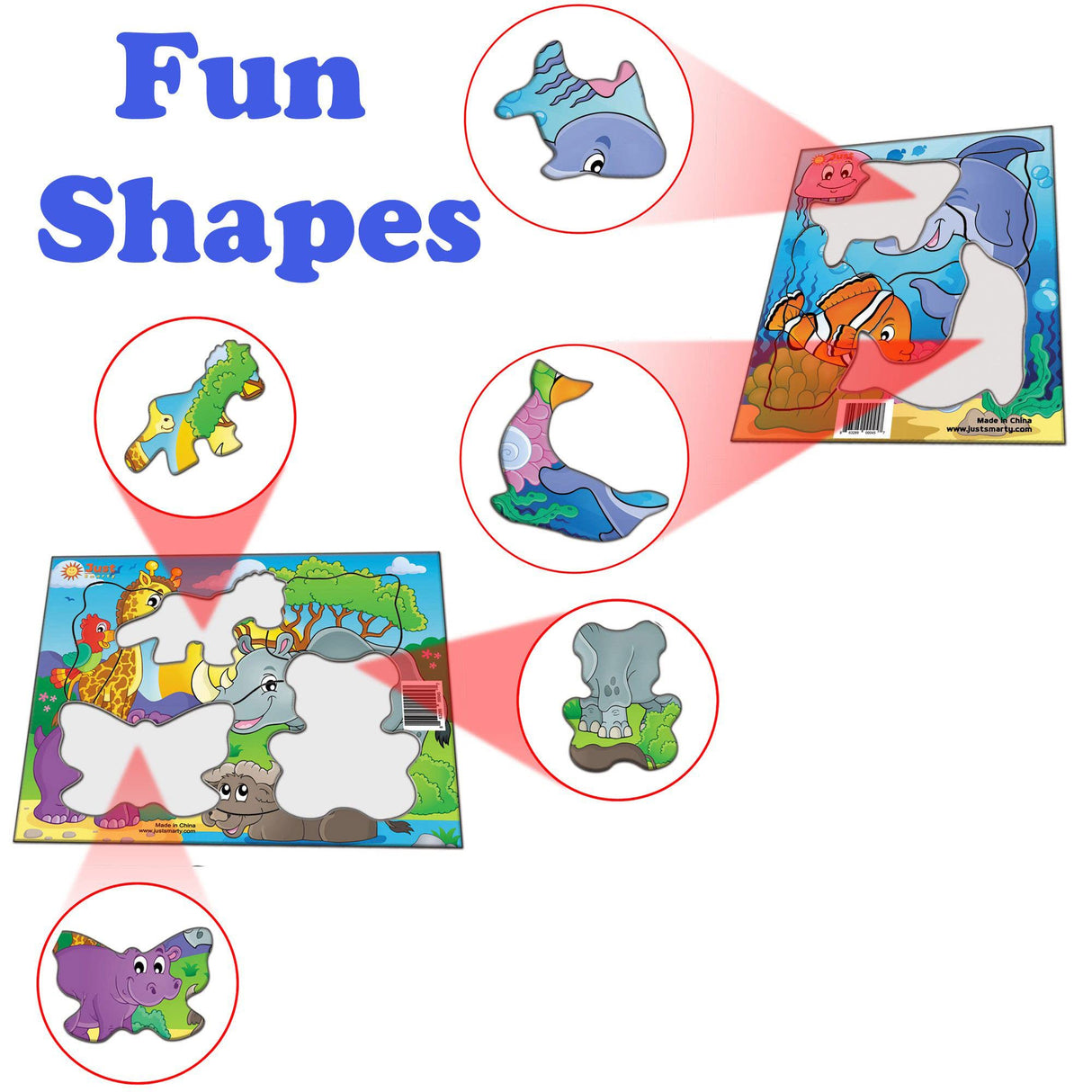 Just Smarty Preschool Puzzles for Toddlers 2-4 Set of 2 | Fun Shapes Ocean Puzzle and Zoo Puzzle 7 Pieces Each with Tray | Kids Puzzles Ages 2-4 | Educational and Learning Puzzles Kindergarten Level 2 Just Smarty