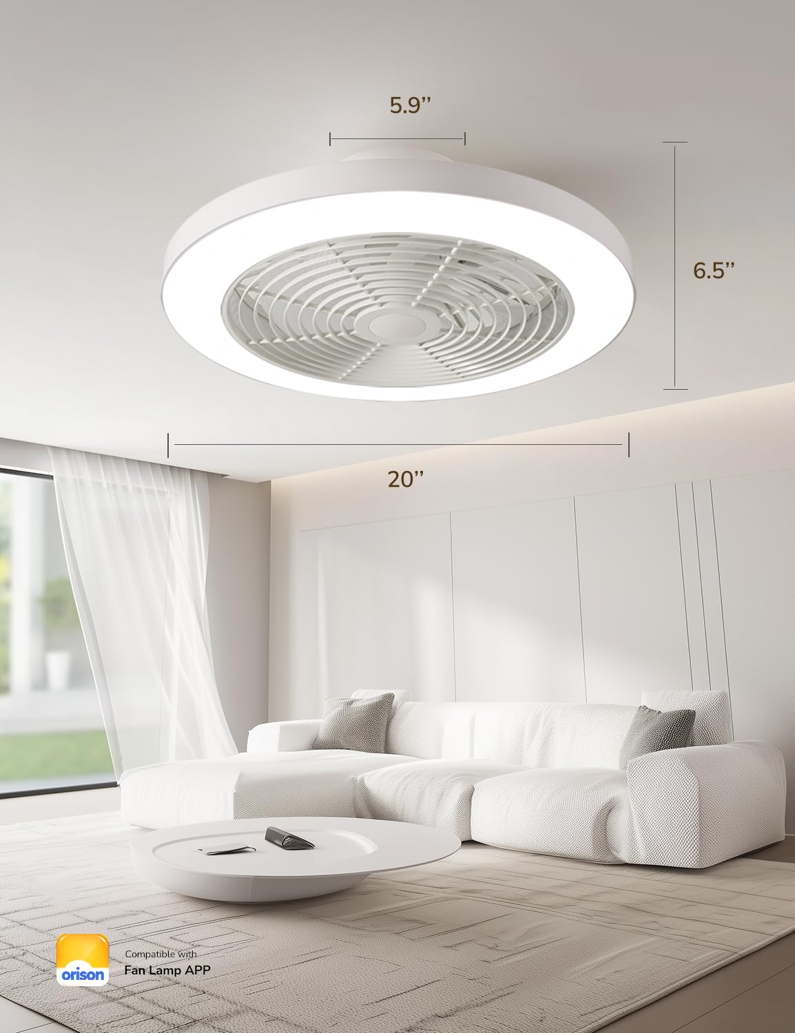 Orison Ceiling Fans with Lights, Low Profile Ceiling Fan with Lights and Remote, 6 Wind Speeds Smart Flush Mount Ceiling Fan for Bedroom, Kids Room and Living Room 19.7" (White) Orison
