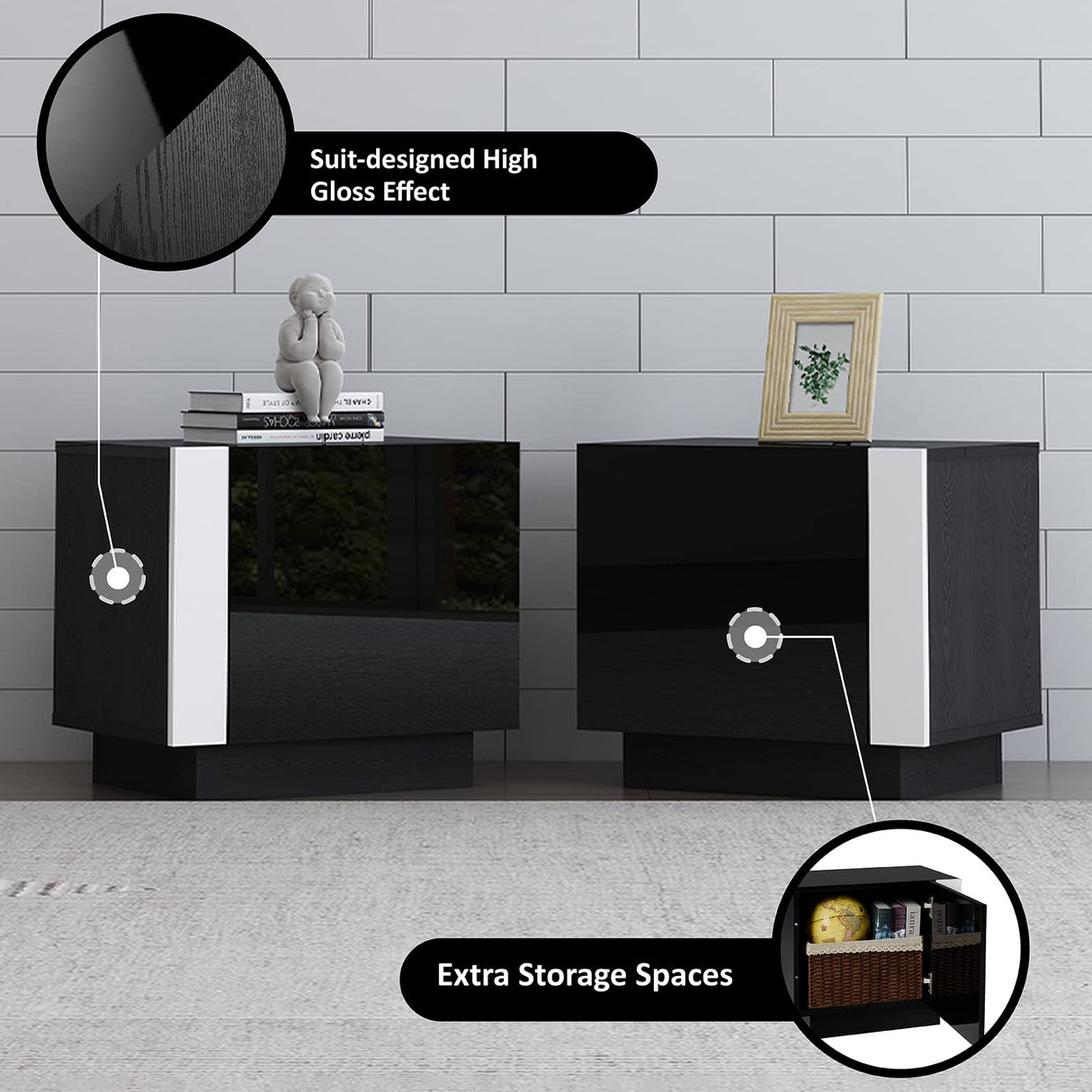 AMERLIFE 110" Large Fireplace TV Stand Set with 36" Electric Fireplace, Includes 70" 2-Tier Fireplace TV Stand, 2 x End Tables, Modern High Gloss TV Console with LED Light for Living Room, Black AMERLIFE