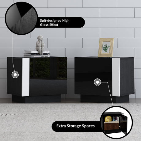 AMERLIFE 110" Large Fireplace TV Stand Set with 36" Electric Fireplace, Includes 70" 2-Tier Fireplace TV Stand, 2 x End Tables, Modern High Gloss TV Console with LED Light for Living Room, Black AMERLIFE