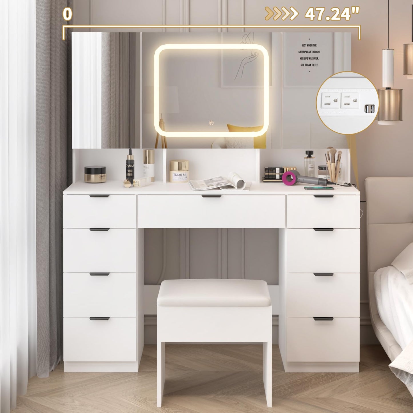 VINGLI 47'' Vanity Desk with LED Lighted Large Mirror & Cushioned Stool, Makeup Vanity Set with 3 Hidden Cabinets & Lighting in 3 Colors & 9 Drawers & Charging station for Bedroom Dressing Room, White