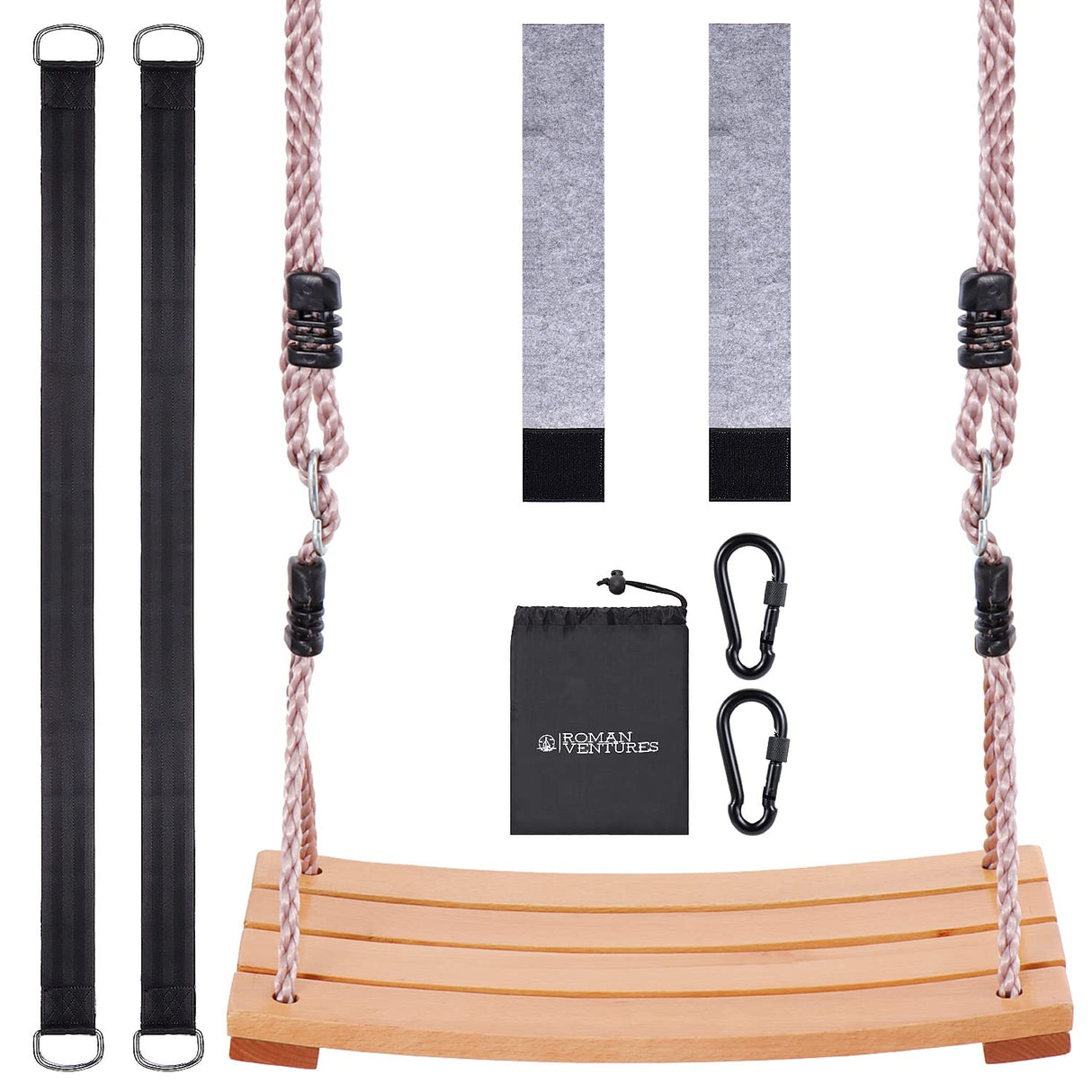 Wooden Tree Swing for Adults and Kids - Curved Wood Tree Swing Seat for Extra Comfort- includes Complete Tree Swing Hanging Kit- Indoor or Outdoor Rope Swing for Trees with Curved Wooden Swing Seat Roman Ventures