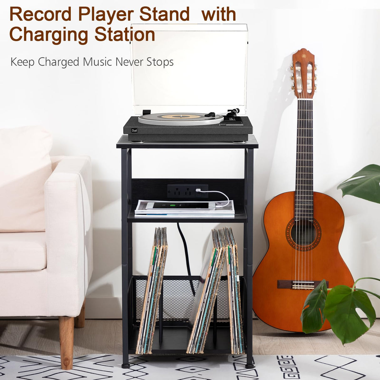 AMHANCIBLE Record Player Stand with Charging Station, Turntable Stand with Storage Cabinet, 3 Tier End Table Hold Up to 100 Albums, Record Stand for Vinyl, Living Room, Black, HETCD01BK-1 AMHANCIBLE