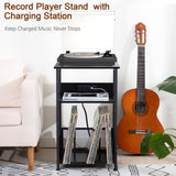 AMHANCIBLE Record Player Stand with Charging Station, Turntable Stand with Storage Cabinet, 3 Tier End Table Hold Up to 100 Albums, Record Stand for Vinyl, Living Room, Black, HETCD01BK-1 AMHANCIBLE