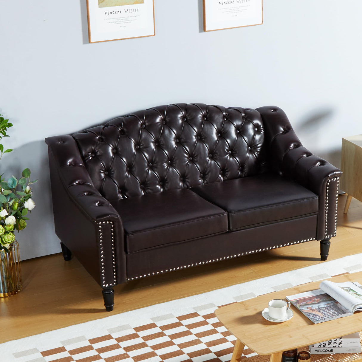 Chesterfield Loveseat, 55" Leather Love Seat Sofa, Comy Small Sofa Counch with Camelback for Small Spaces, Mid Century Modern 2 Deep Seats Couch for Apartment Living Room, Bedroom (PU-Loveseat, Brown) SUJOUCRAFT