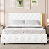 Full Bed Frame with Headboard, PU Leather Platform Bed with Wingback, Modern Bed Frame with Diamond Tufted, No Box Spring Needed, Easy Assembly, White HOMBCK