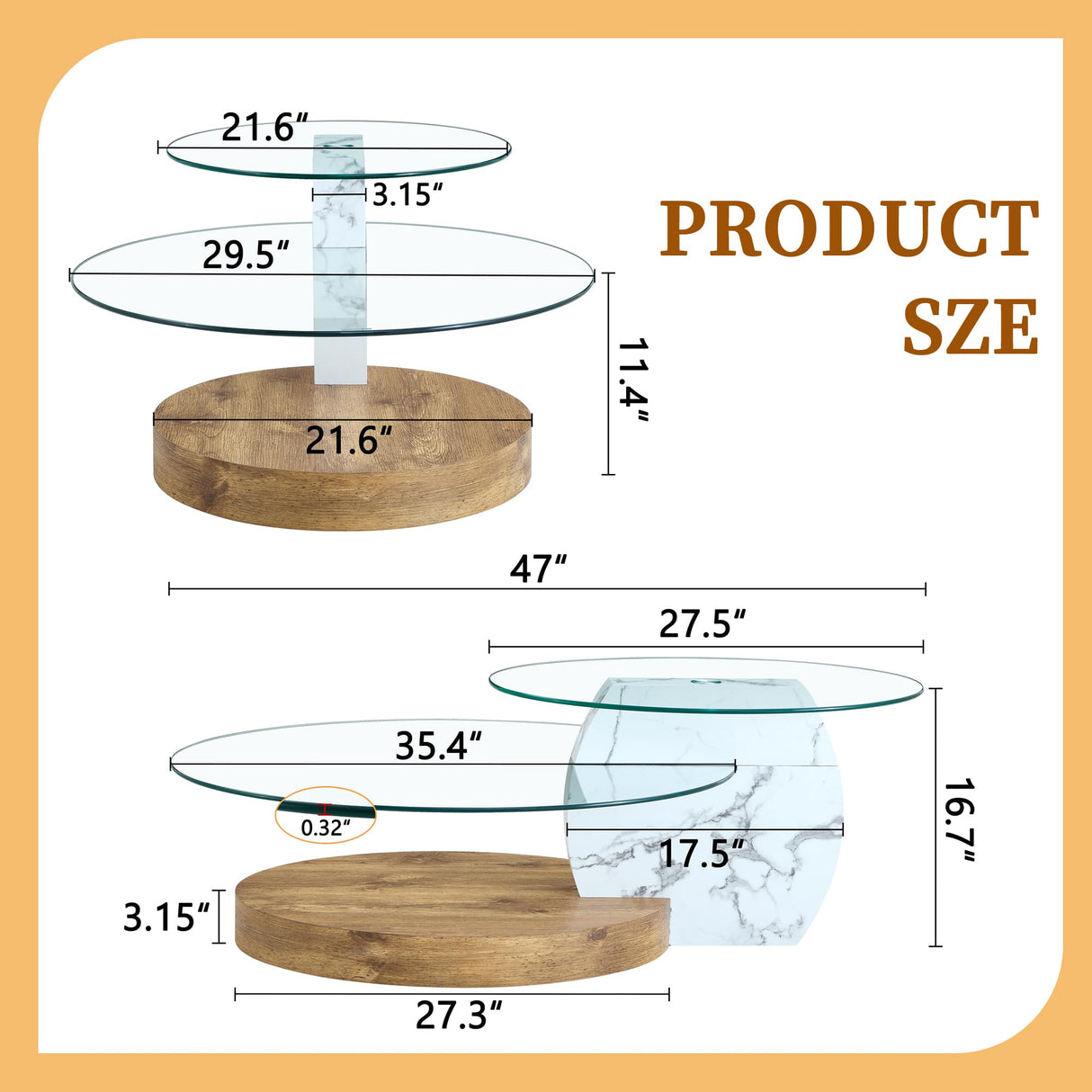 Ebullient Glass Coffee Table, 47" Oval Coffee Table, 2-Tier Glass Tabletop with Wood Base, Easy to Maintain and Assemble, Ideal for Dining Room, Living Room Ebullient