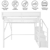 MoproBeti Queen Size Loft Bed with Stairs, Heavy Duty Metal Loft Beds Frame with Storage Shelf & Wardrobe, Tall LoftBed with Under-Bed Space for Adult Teens Junior,Space Saving Design,White MoproBeti