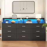 Bigbiglife 9 Drawer Dresser with Built in Power Outlet and LED Light, Modern Chest of Drawers for Bedroom, Triple Wide Drawer Organizer Cabinet for Living Room, Entryway, Hallway, Black Bigbiglife