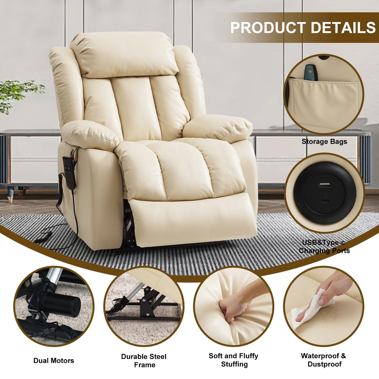 MEROUS Dual Motor Large Power Lift Recliner Chair for Elderly with Heat and Massage,Lay Flat Lift Chairs Recliners for Seniors Infinite Position,USB Ports&Remote, Genuine Leather (Beige) MEROUS