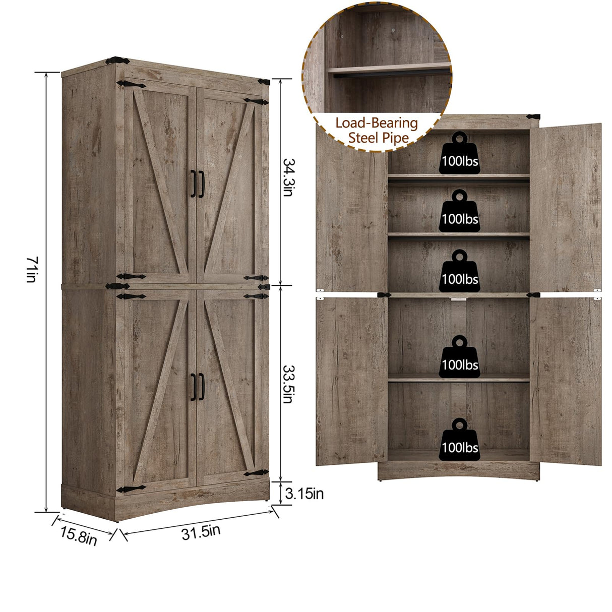 71" Tall Kitchen Pantry,Farmhouse Storage Cabinet with Adjustable Shelves,Load-Bearing Steel Pipe,Farmhouse Pantry Cabinet with 4 Barn Doors,for Kitchen,Dining Room,Living Room(Light Rustic Oak) Hlivelood