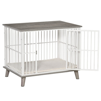 PawHut Dog Crate Furniture, Wooden End Table with Cushion & Lockable Door, Medium Size Pet Crate Indoor Puppy Cage, Grey - WoodArtSupply