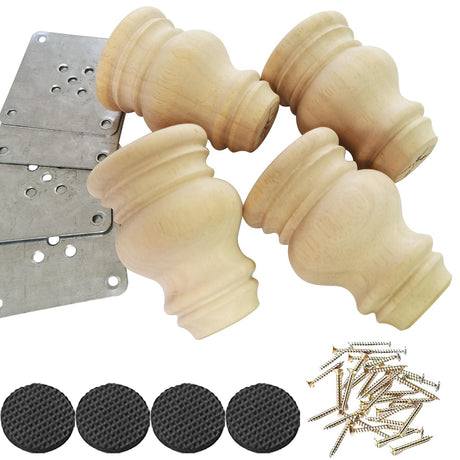 Wooden Furniture Legs, Solid Wood Unpainted Replacement Furniture Legs, Kitchen Dining Table Legs/Desk/Sofa/Bookcase Bun Feet, DIY Wooden Round legs with Mounting Plate & Screws Set of 4 (4 Inch) Btibpse