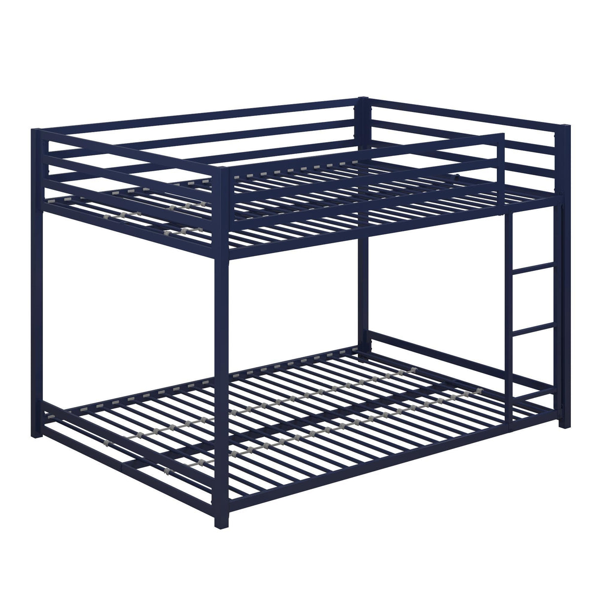DHP Miles Low Metal Bunk Bed Frame for Kids, With Built-in Ladder, High Guardrail and Metal Slats, Floor Bed Bottom Bunk, No Boxspring Required, For Small Spaces, Full-Over-Full, Blue DHP