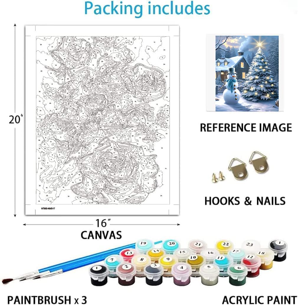 Eiazuiks Christmas Paint by Number for Adults. Snowman and Christmas Tree Paint by Numbers for Adults Beginner Drawing Paintwork with 3 Paintbrushes Paint Canvas Oil Painting 16” x 20” Eiazuiks